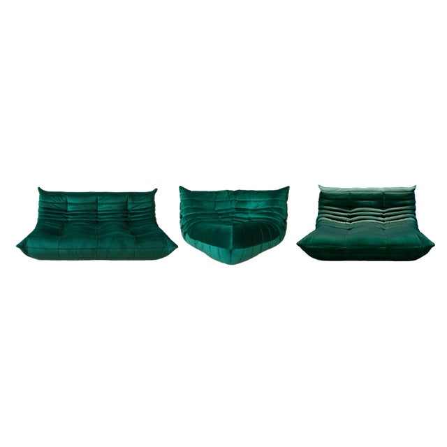 Bottle Green Velvet Togo Corner Chair, 2-, 3-Seat Sofa by Michel Ducaroy for Ligne Roset, Set of 3 For Sale