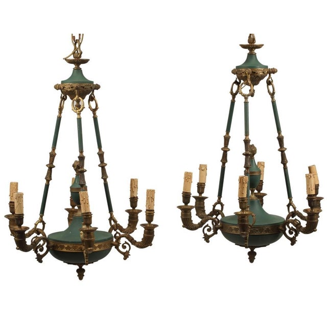French Empire Style Green Patinated Bronze Chandeliers - Set of 2 For Sale - Image 4 of 4
