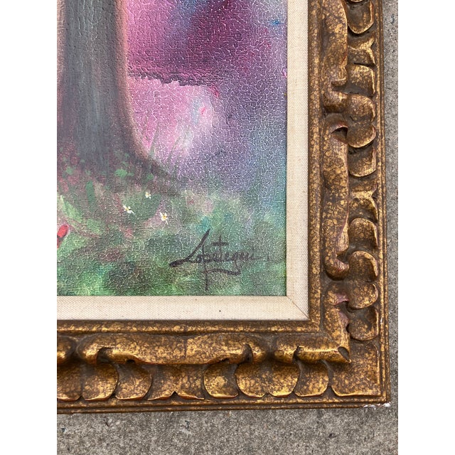 Mid-Century Modern 1950’s Original Mid Century Modern Impressionist Child With Doll & Squirrel in Landscape Painting Chunky Carved Wood Frame For Sale - Image 3 of 5