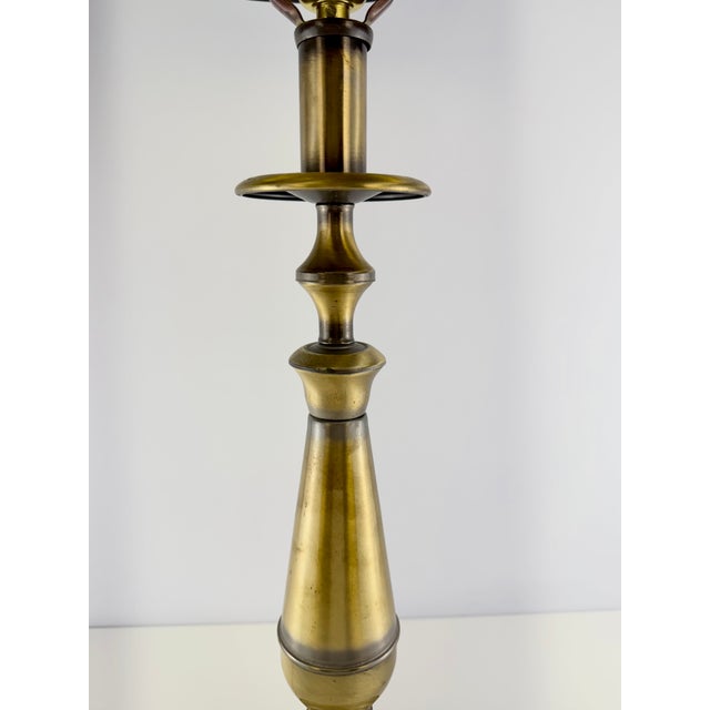 Vintage Hollywood Regency Antique Brass Candlestick Table Lamp With Black Shade For Sale In Little Rock - Image 6 of 13