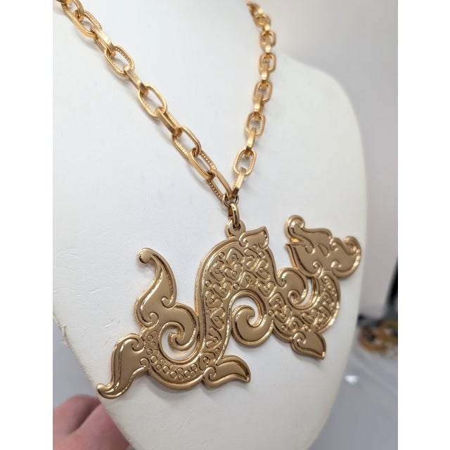 Napier Vintage 1972 Signed Napier Goldtone Dragon Pendant Necklace For Sale - Image 4 of 11