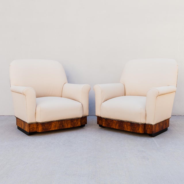 Vintage Italian Art Deco Club Chairs in Walnut Burl and Edelman Leather For Sale - Image 12 of 12