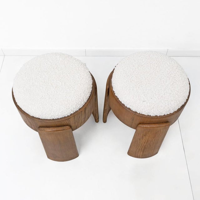 Wood Art Deco Ash Wood Stools in White Bouclé, 2000, Set of 2 For Sale - Image 7 of 8
