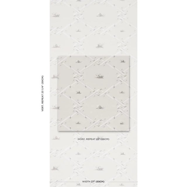 A trompe l'oeil ribbon lattice design enhanced by trailing snails and pearl details, Ouvrez-Moi in grey is a playful,...