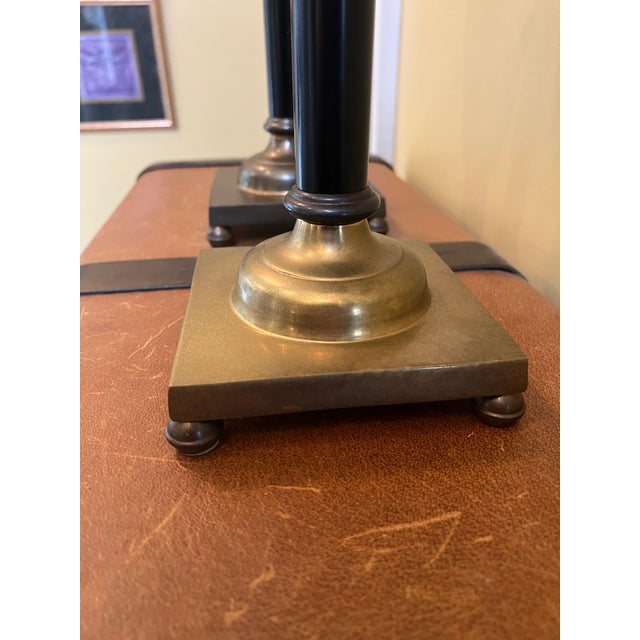 1940s Regency Style Brass Hurricane Lamps, Neoclassical Candlesticks With Glass Shades For Sale - Image 5 of 10