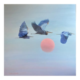 Large Contemporary Oil Painting Blue Herons Over Sunset For Sale