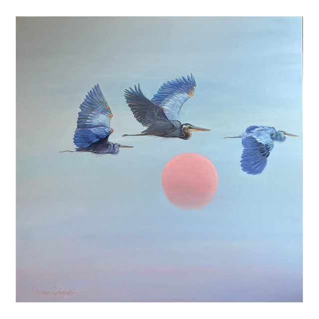 Large Contemporary Oil Painting Blue Herons Over Sunset For Sale
