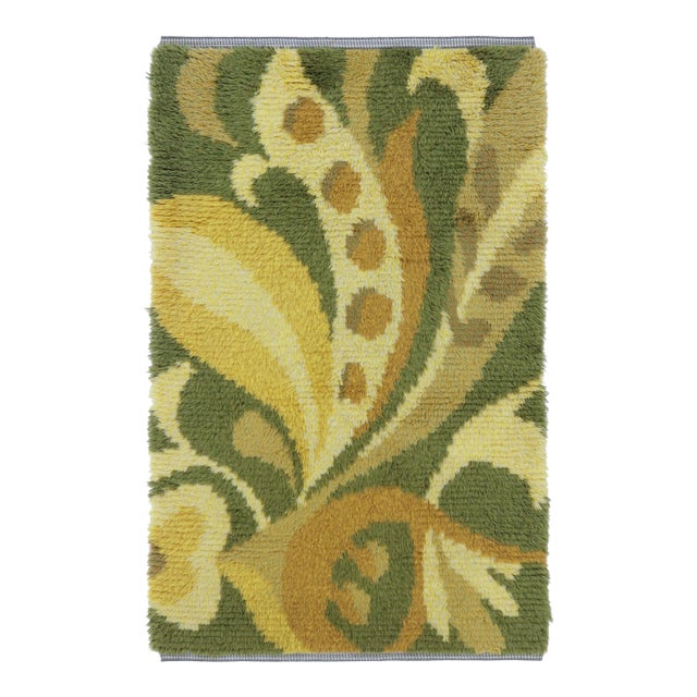 Vintage Swedish Rya Rug With Green-Yellow Botanical Paisley Design - Rug & Kilim For Sale