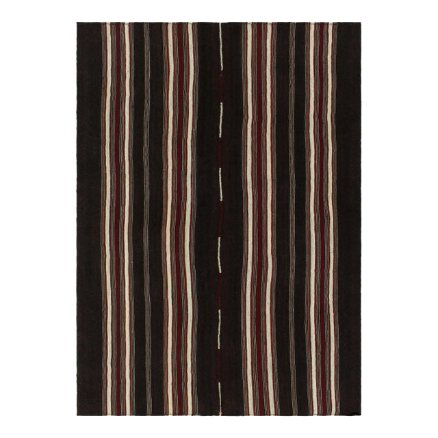 Vintage Kilim Rug in Deep Brown With Red, and White Stripe Patterns For Sale