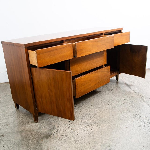 1960s 1960s Mid Century Modern Dresser Credenza 5 Drawer Stanley Walnut Broyhill High Danish For Sale - Image 5 of 12