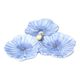 Vintage Majolica Multi Sectional Three Flower Viola Pansy Serving Dish For Sale