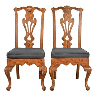 Henredon Georgian Carved Oak and Cane Side Chairs or Dining Chairs, Pair For Sale