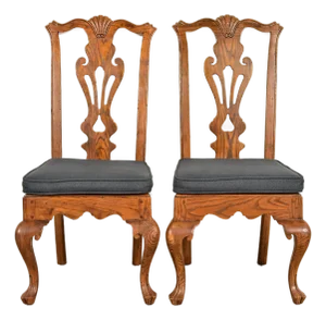 Henredon Georgian Carved Oak and Cane Side Chairs or Dining Chairs, Pair