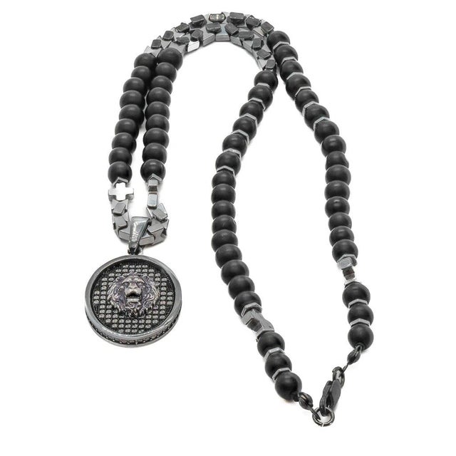 Black Onyx and Silver Lion Men's Beaded Unique Necklace For Sale - Image 9 of 10