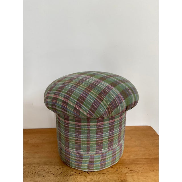 Textile Upholstered Mushroom Pouf Stool in Plaid For Sale - Image 7 of 10