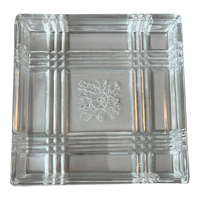 Cut Glass Crystal 4.25" Square Ashtray Trinket Tray W/ Etched Sun Vintage For Sale