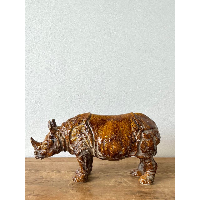 Brown Vintage 60s Italian Glazed Ceramic Rhino For Sale - Image 8 of 12