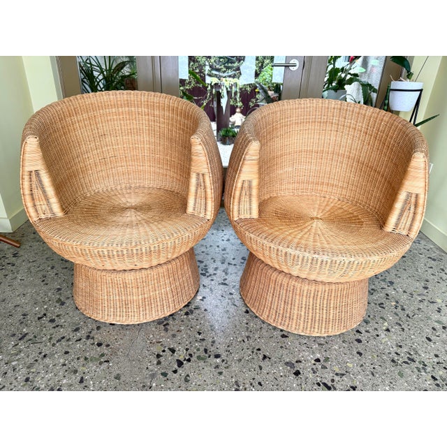 1970s 1970s Eero Aarnio Style Swivel Rattan Barrel Pod Chair Pair For Sale - Image 5 of 9
