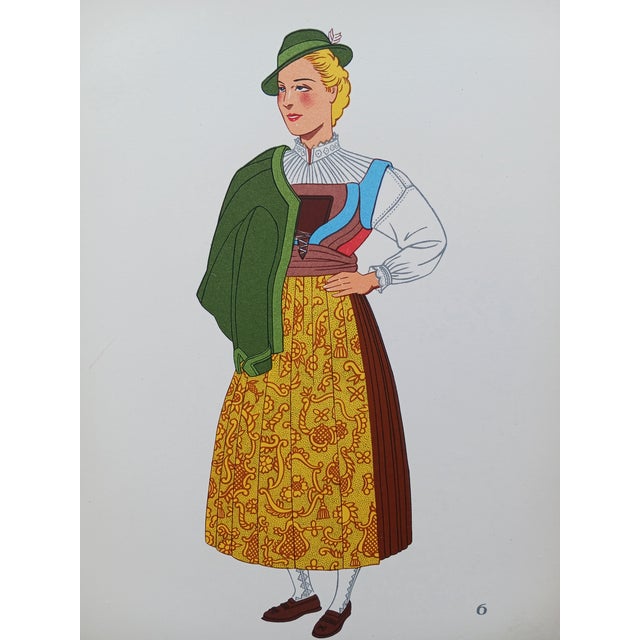 Vintage Austrian Female Folk Costumes Chromolithographs Porchoir Prints Collectible 1939 - Set of 3 For Sale - Image 4 of 4