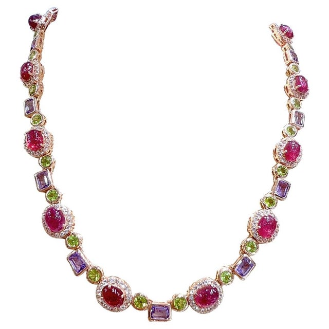 Red Bochic “Capri” Vintage Ruby, Amethyst, Peridot Necklace In 18K Gold & Silver For Sale - Image 8 of 14
