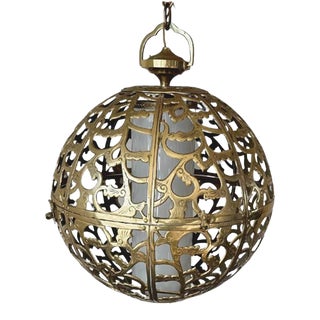 1950s Pierced Filigree Brass Japanese Asian Pendant Light, Large For Sale