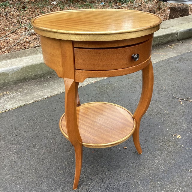 Neoclassical Vintage Round Mahogany Two-Tier Side Table With Drawer - Regency Style Accent Table For Sale - Image 3 of 8