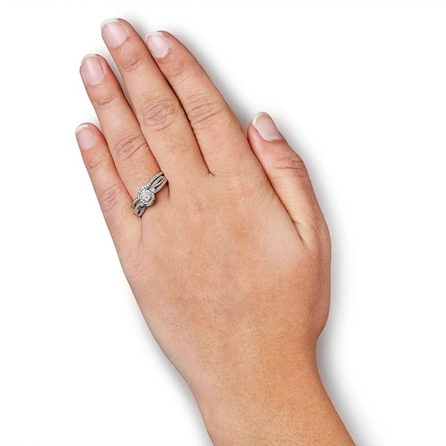 Early 21st Century .925 Sterling Silver 1/3 Cttw Composite Diamond Frame Bypass Bridal Set Ring and Band (I-J Color, I2-I3 Clarity) - Ring Size 7 For Sale - Image 5 of 5