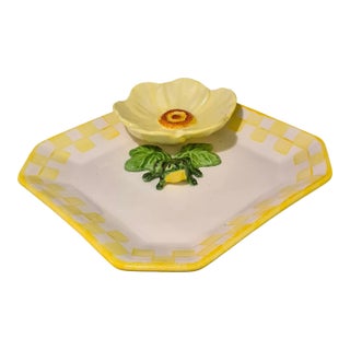 Vintage "Cali "Ceramic Lotus Flower Lily Pod 3DFrog Chip & Dip Platter For Sale