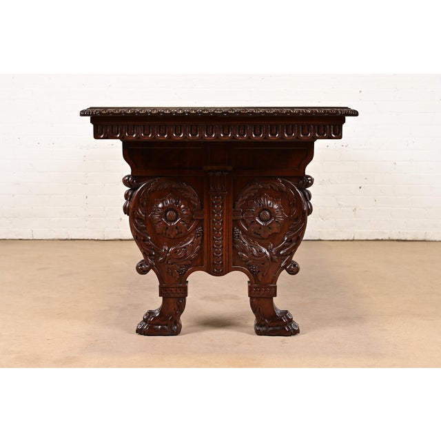 R. J. Horner Style Antique Italian Renaissance Carved Walnut Desk or Library Table With Lion Paw Feet, Circa 1890s For Sale - Image 10 of 11