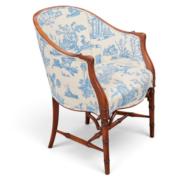English Blue & Cream Toile Faux Bamboo Walnut Bergère Chair, Georgian Style, Mid-20th Century For Sale - Image 3 of 8