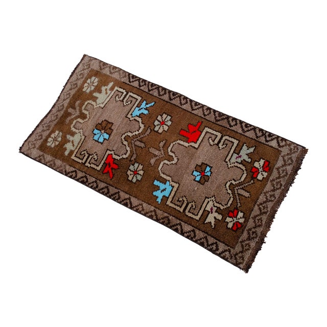 Textile Distressed Low Pile Turkish Yastik Petite Rug Hand Knotted Faded Mat - 17'' X 34'' For Sale - Image 7 of 14