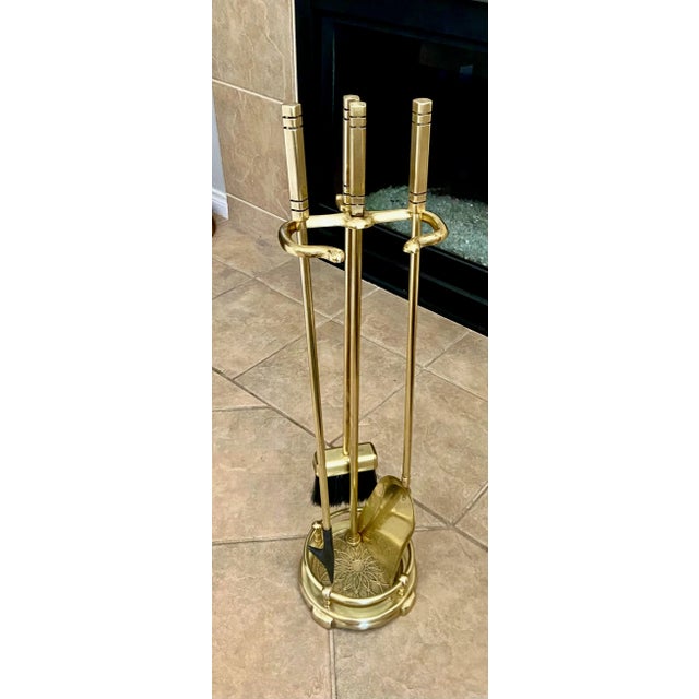 Mid-Century Modern Mid-Century Modernist Brass Cast Iron Fireplace Tool Set- 4 Pieces For Sale - Image 3 of 13