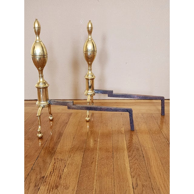 Early 19th Century Antique 19th Century Federal Style Brass Andirons-A Pair For Sale - Image 5 of 12