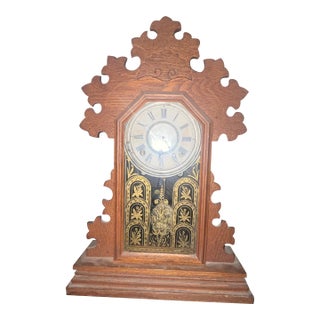 1890s Antique E. Ingraham Co. Oak "Lily" Gingerbread Mantel Clock For Sale