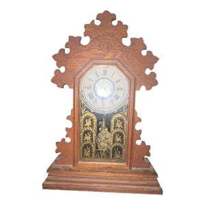 1890s Antique E. Ingraham Co. Oak "Lily" Gingerbread Mantel Clock