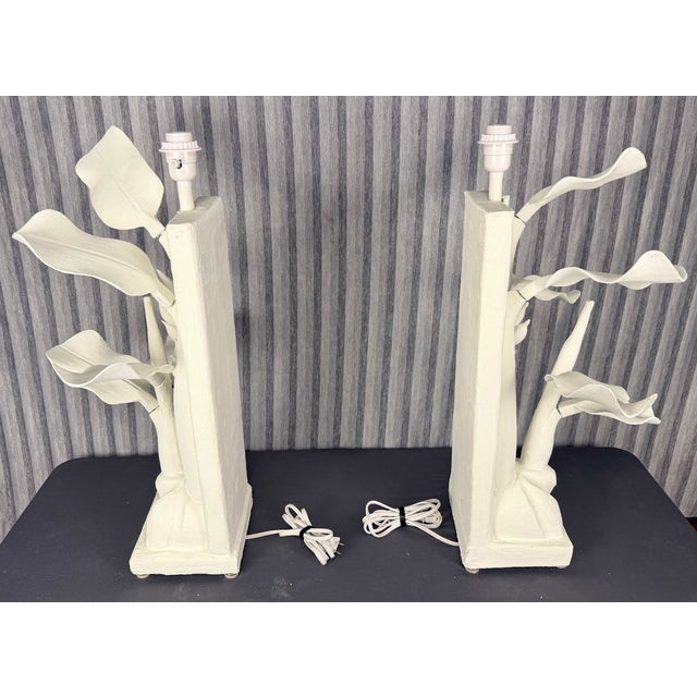 1990s Hand Carved Wood Banana Plant Lamps Finished in White Plaster - A Pair For Sale - Image 10 of 14