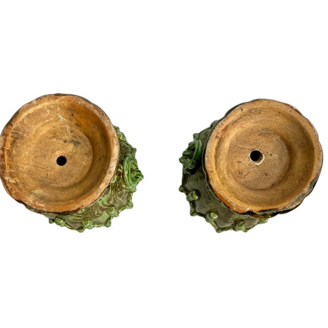 Green Matched Pair Antique French Majolica Art Nouveau Terracotta Jardinieres With Rope and Tassel Design For Sale - Image 8 of 17