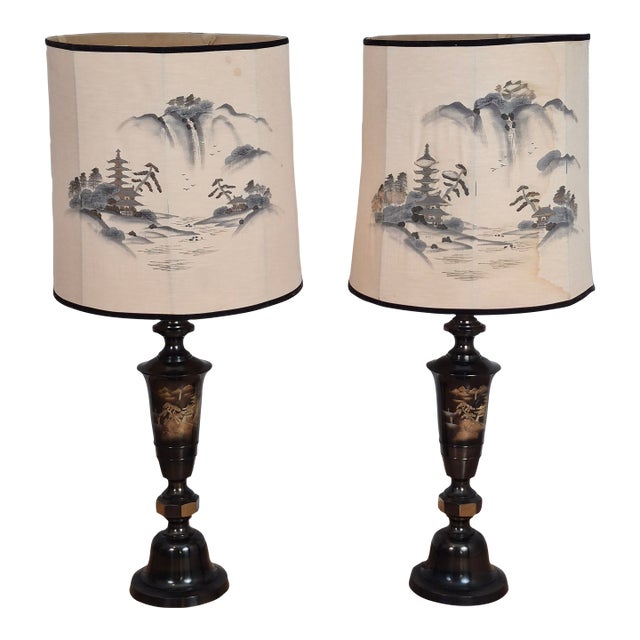 Mid-20th Century Signed Japanese Oversized Etched Bronze Table Lamps W/ Original Hand Painted Shades, a Pair For Sale