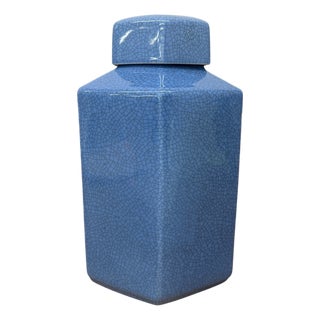 Blue Green Crackle Glaze Hexagonal Lidded Jar For Sale