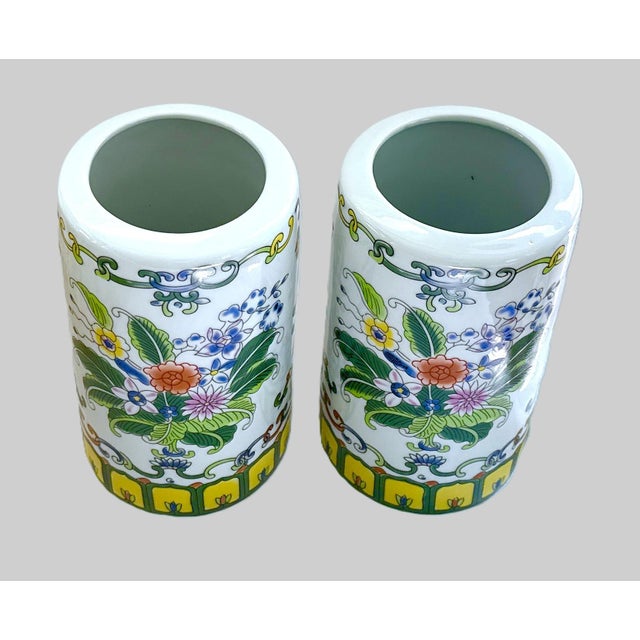Chinoiserie Late 20th Century Pair of Hand‑Painted Porcelain Brush Pots – Famille Rose Floral For Sale - Image 3 of 7
