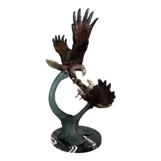 Large Bronze Bald Eagles Dueling Over Fish Sculpture - 44"h For Sale