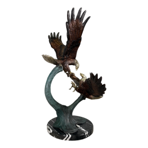 Large Bronze Bald Eagles Dueling Over Fish Sculpture - 44"h