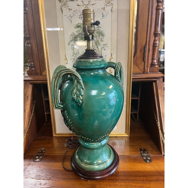 Vintage Turquoise-Green Glazed Ceramic Urn-Style Lamp For Sale In Chicago - Image 6 of 8