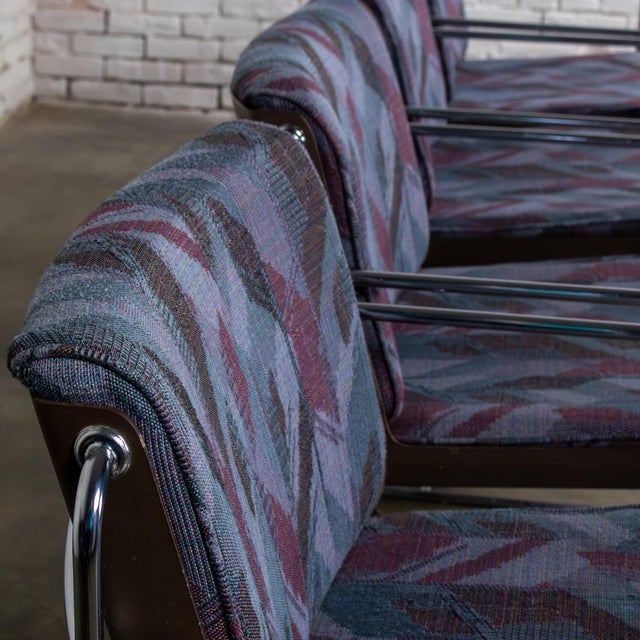 Late 20th Century Modern Krueger Set 8 Dining Armchairs Chrome Steel Rod Frames & Geometric Fabric For Sale - Image 9 of 18