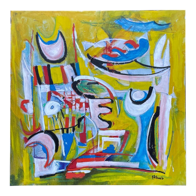 Listed John Schwab Original Oil Abstract Kandinsky Style Painting Cubism MCM For Sale