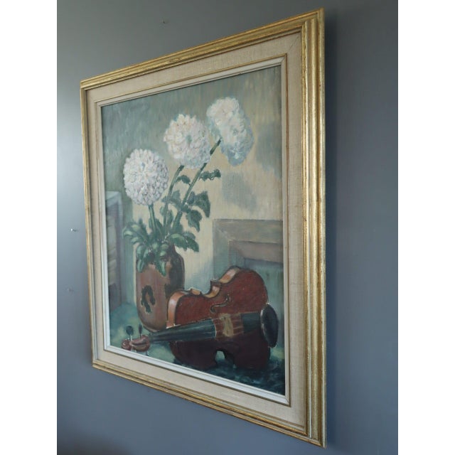 Mid-Century Modern 'Violin & Flowers' Original Swedish Expressive Still Life Oil Painting, Framed For Sale - Image 6 of 14