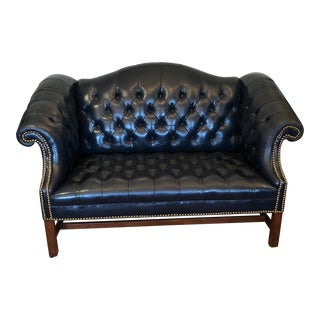 Classic Dark Navy Tufted Leather Loveseat With Brass Nailheads For Sale