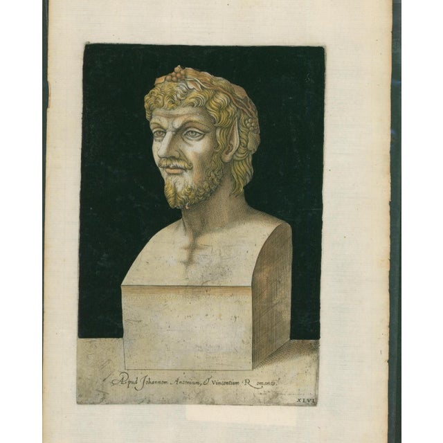 Original 16th-century Old Master engraving of an antique laurel-crowned male portrait bust. Plate XLVI from Aquiles...