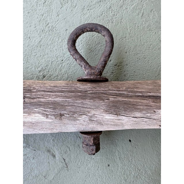 Antique Rustic Wooden Beam Rack With Hand-Forged Iron Hooks For Sale - Image 4 of 7