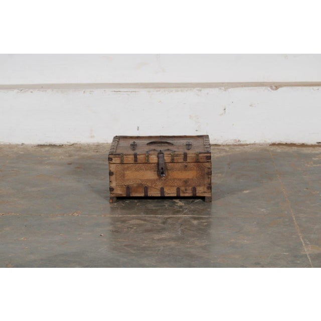 Indian Antique Indian Carved Teakwood Iron Strapped Small Chest For Sale - Image 3 of 4
